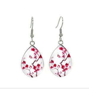 Pink Cherry Blossom Teardrop Earrings Sakura Floral Drop Dangle